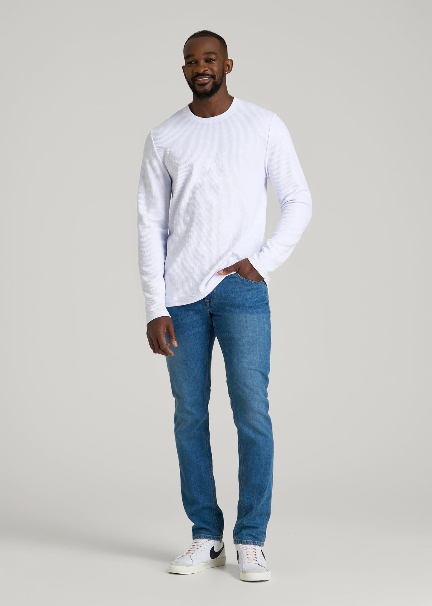 Cloud Knit Waffle Long Sleeve Tee for Tall Men in White