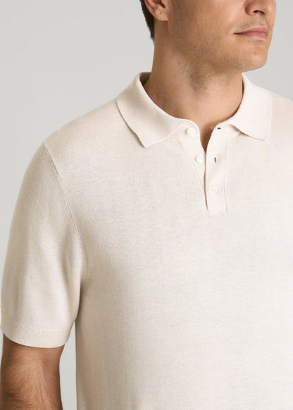 Linen Blend Knit Polo for Tall Men in White Sand