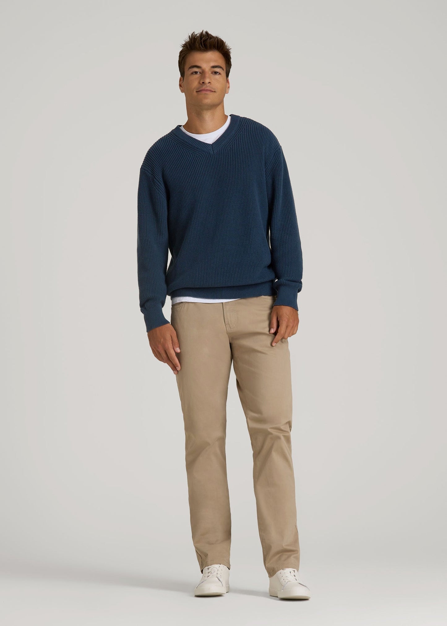 Ribbed Knit V-Neck Sweater for Tall Men in Navy Blue