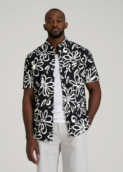 Seersucker Short Sleeve Shirt for Tall Men in Black and White Floral
