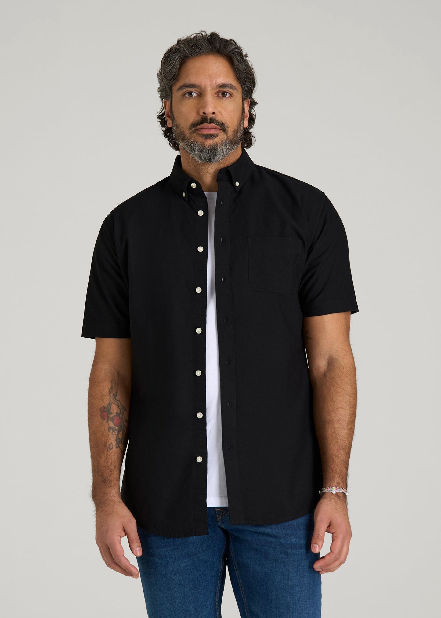 Short Sleeve Oxford Button Shirt For Tall Men in Black
