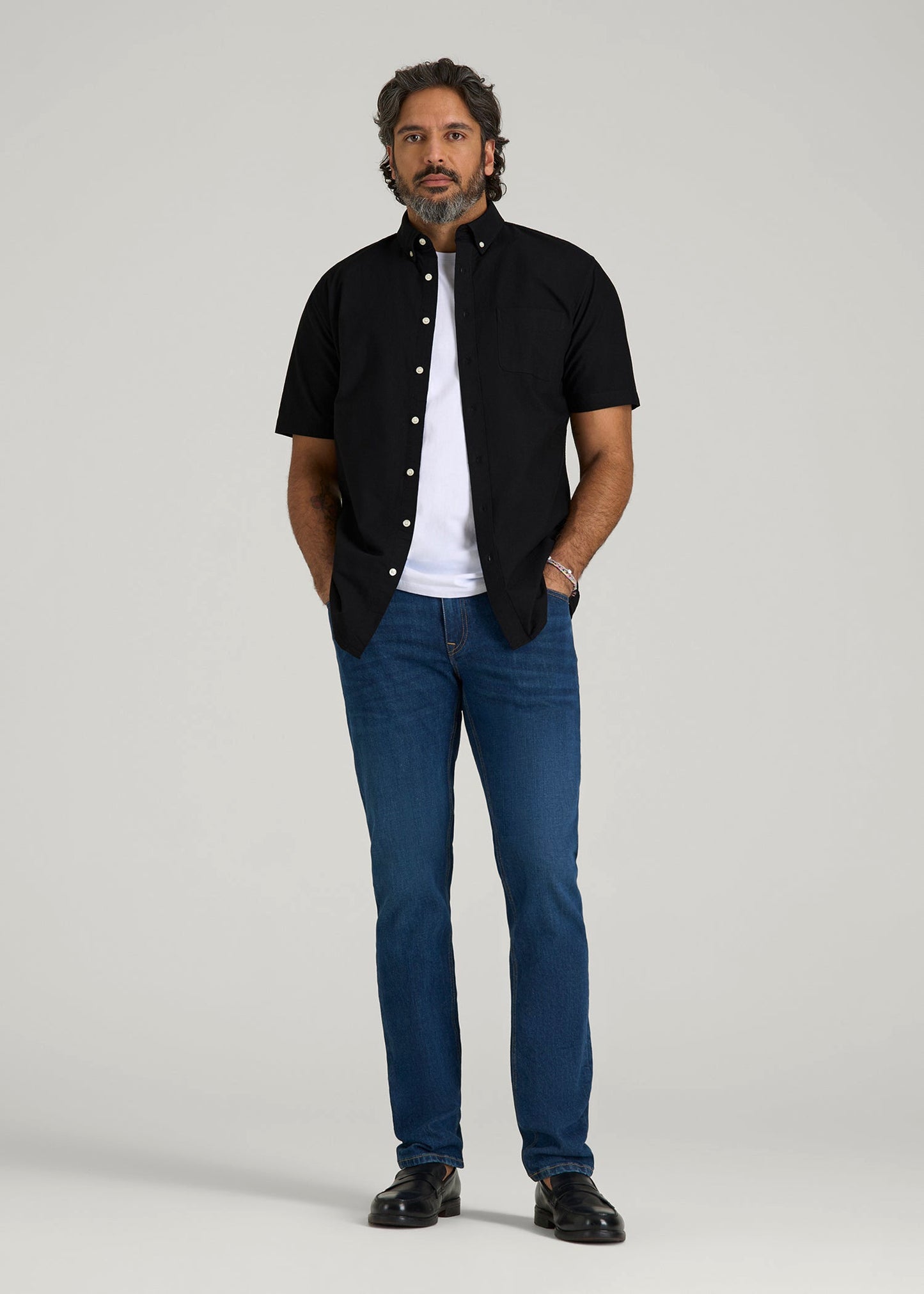 Short Sleeve Oxford Button Shirt For Tall Men in Black