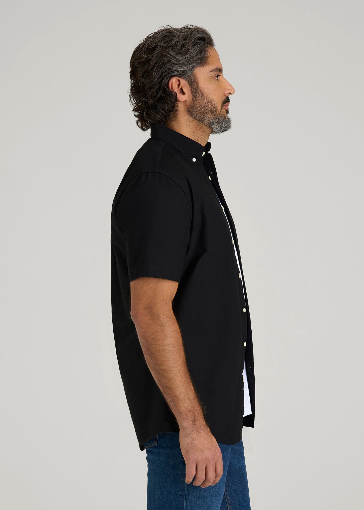 Short Sleeve Oxford Button Shirt For Tall Men in Black