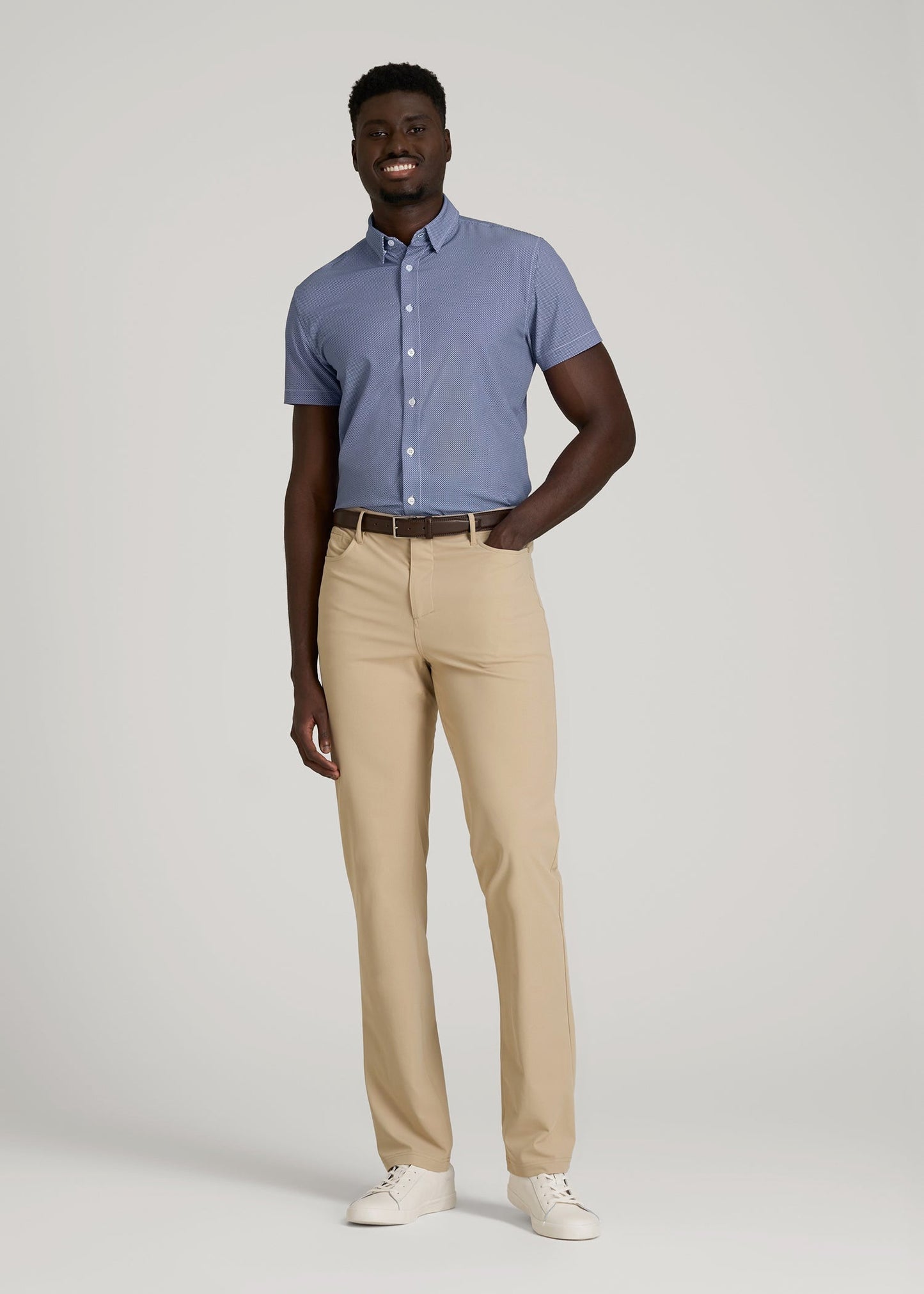 Short Sleeve Traveler Stretch Button Shirt for Tall Men in Royal Blue Geometric