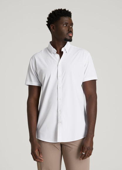 Short Sleeve Traveler Stretch Button Shirt for Tall Men in White