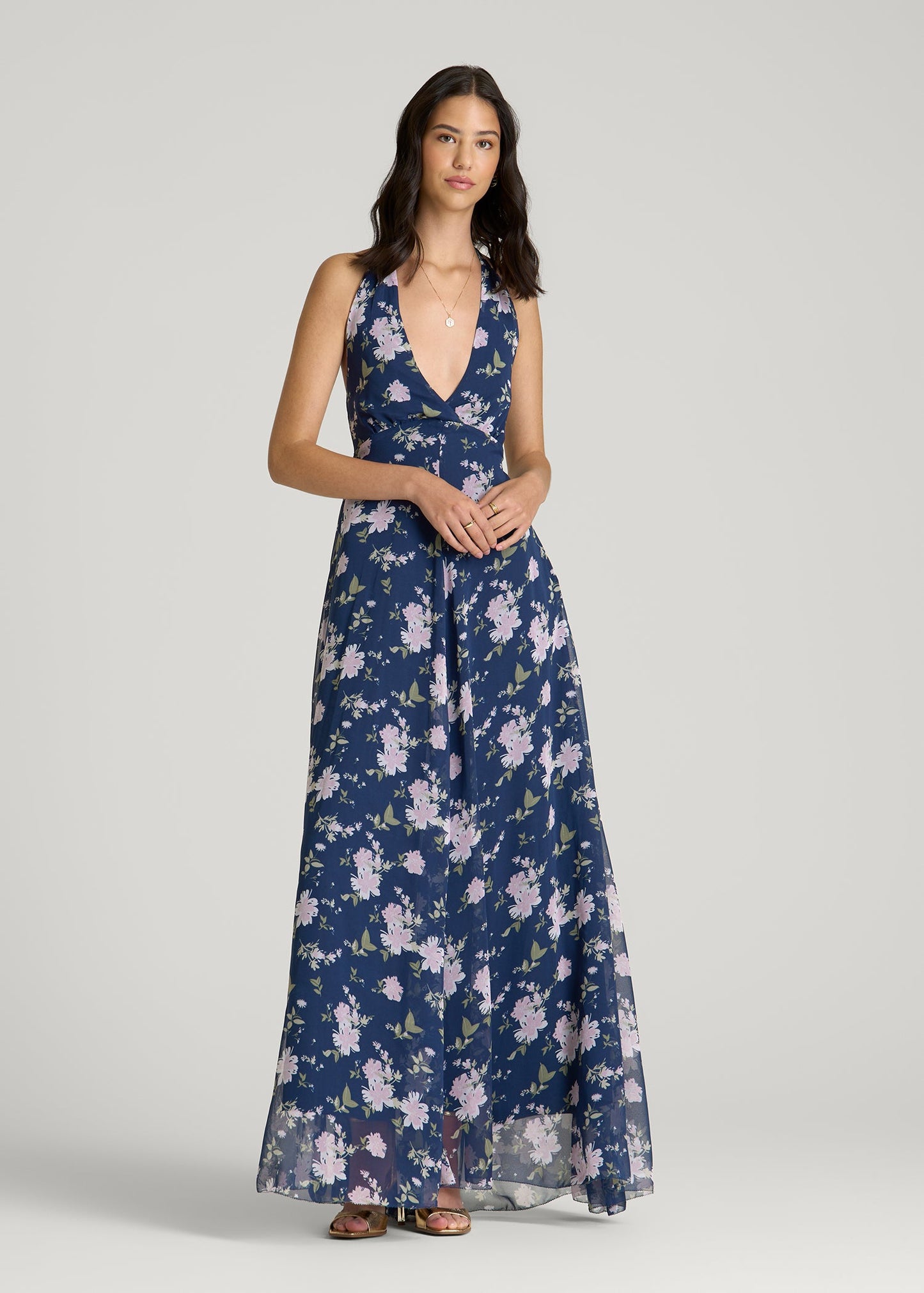 Chiffon Maxi Halter Garden Dress for Tall Women in Dark Navy Floral