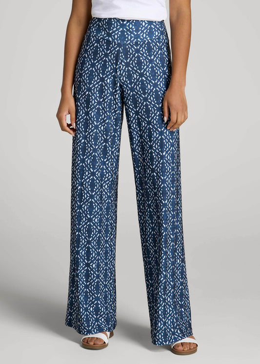 Pull-On Breezy Wide Leg Pants for Tall Women in Indigo Tribal Print