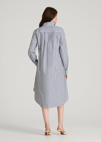 Relaxed Poplin Shirtdress for Tall Women in White and Navy Stripe
