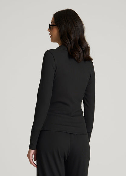 Ribbed Knit Long Sleeve Polo for Tall Women in Deep Black