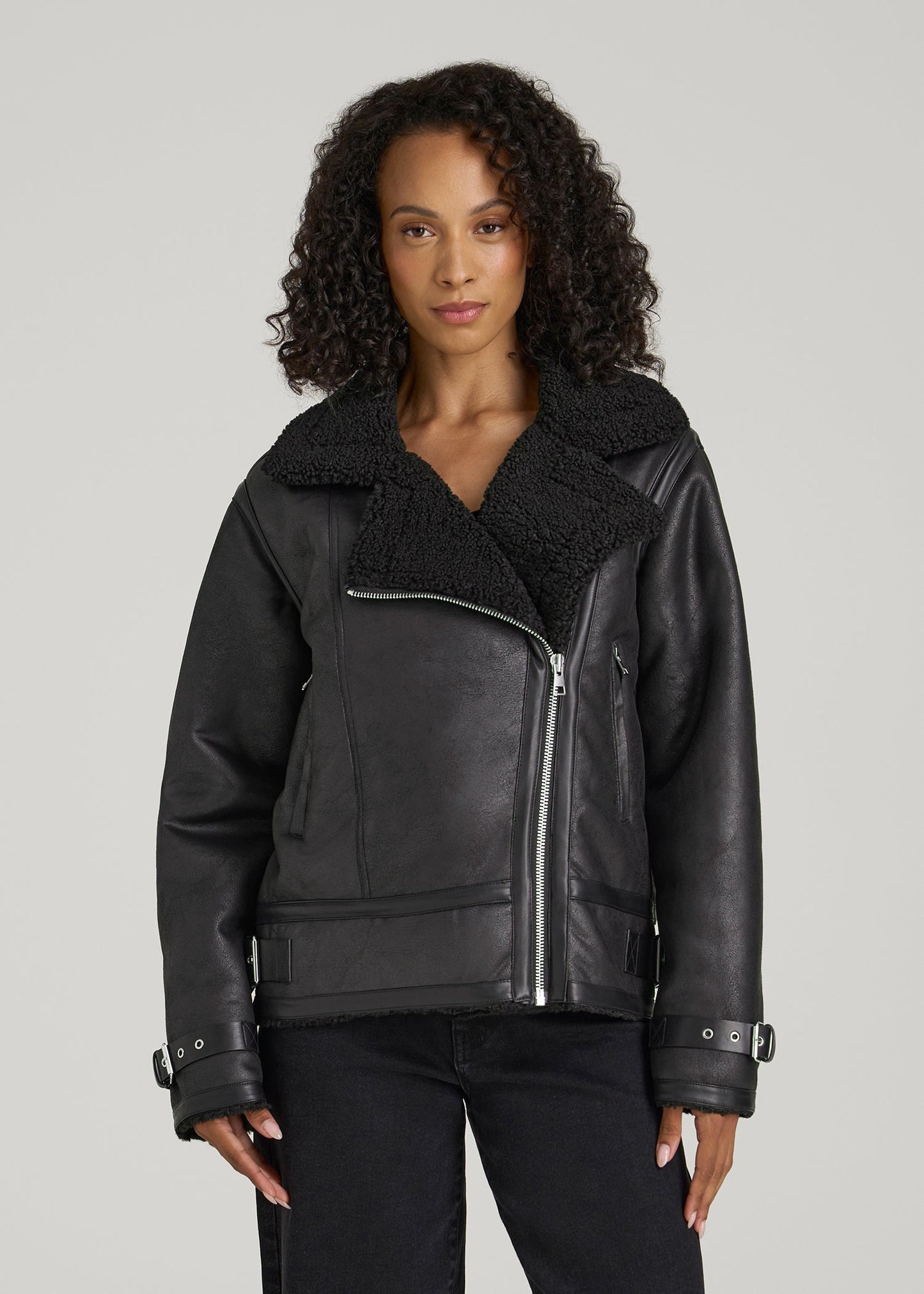Shearling Moto Jacket for Tall Women in Black