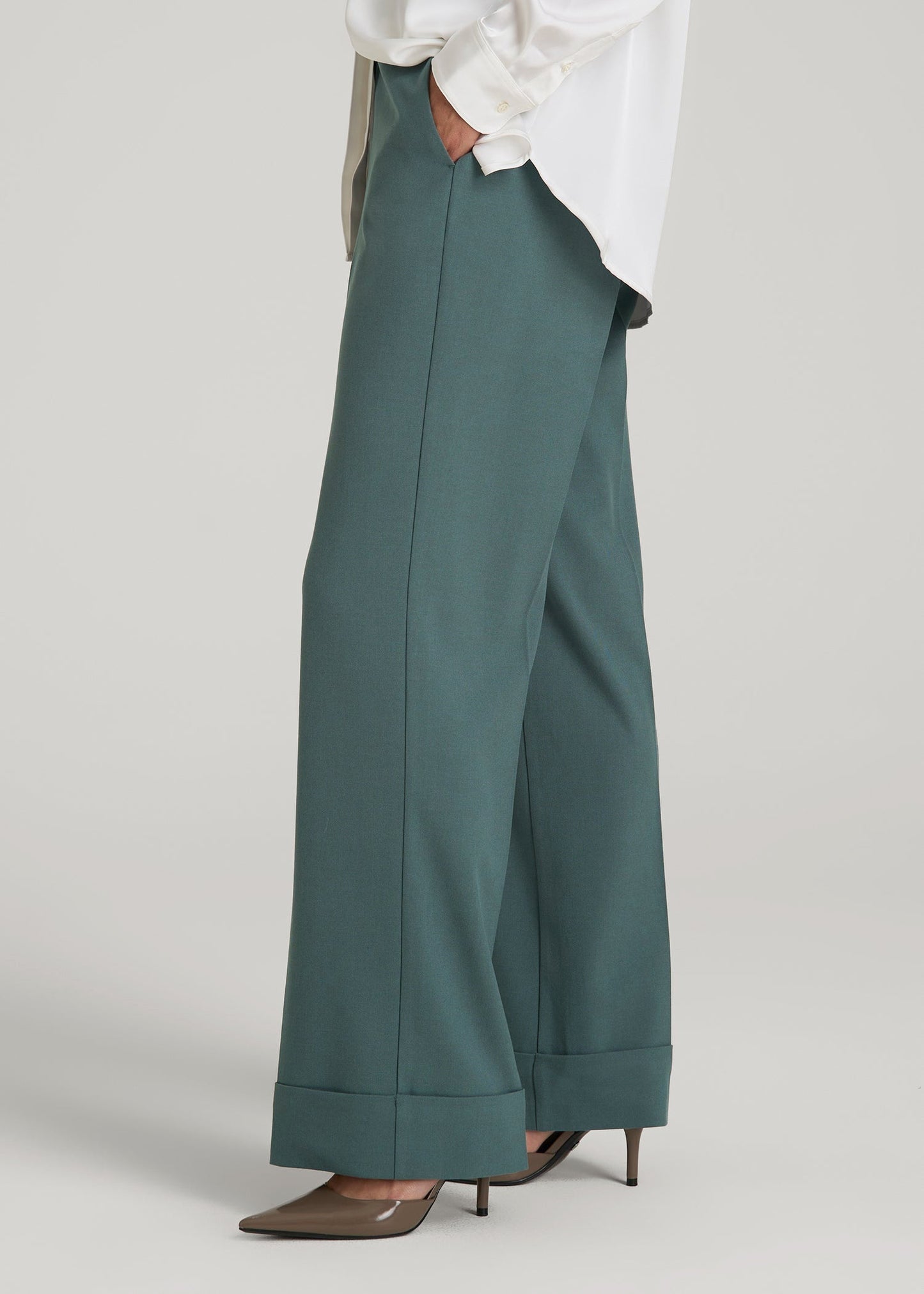Wide-Leg Cuffed Pants for Tall Women in Balsam Green