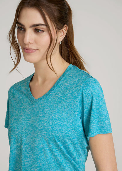 Short Sleeve Active V Neck T-Shirt for Tall Women in Scuba Blue Mix