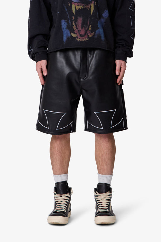 Baggy Iron Cross Leather Shorts - Black