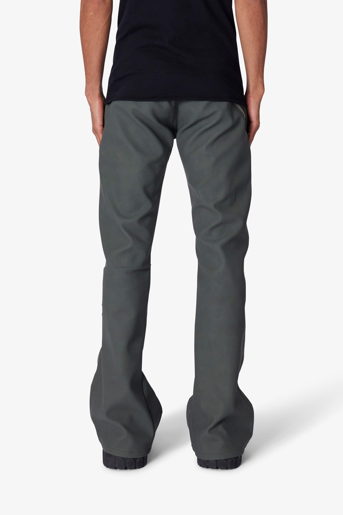 D519 Leather Zipper Flare Pants - Charcoal Grey