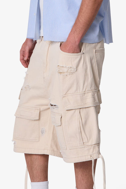 Distressed Baggy Cargo Shorts - Off White