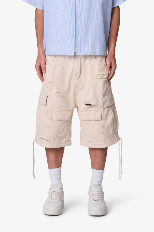Distressed Baggy Cargo Shorts - Off White