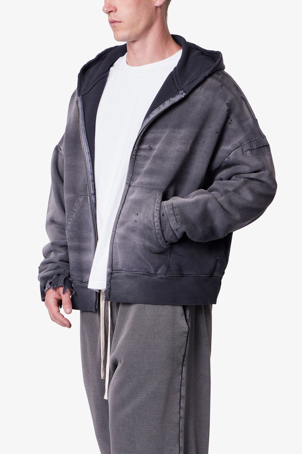 Distressed Thermal Lined Hoodie - Black