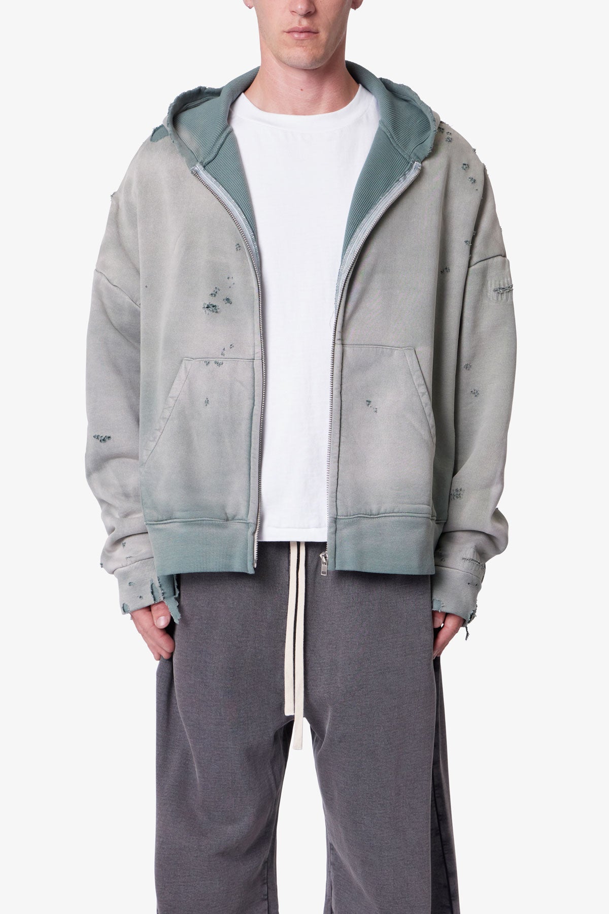 Distressed Thermal Lined Hoodie - Green