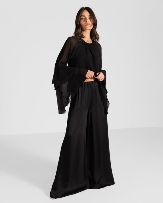 Helena Elastic Waist Satin Trousers | Black