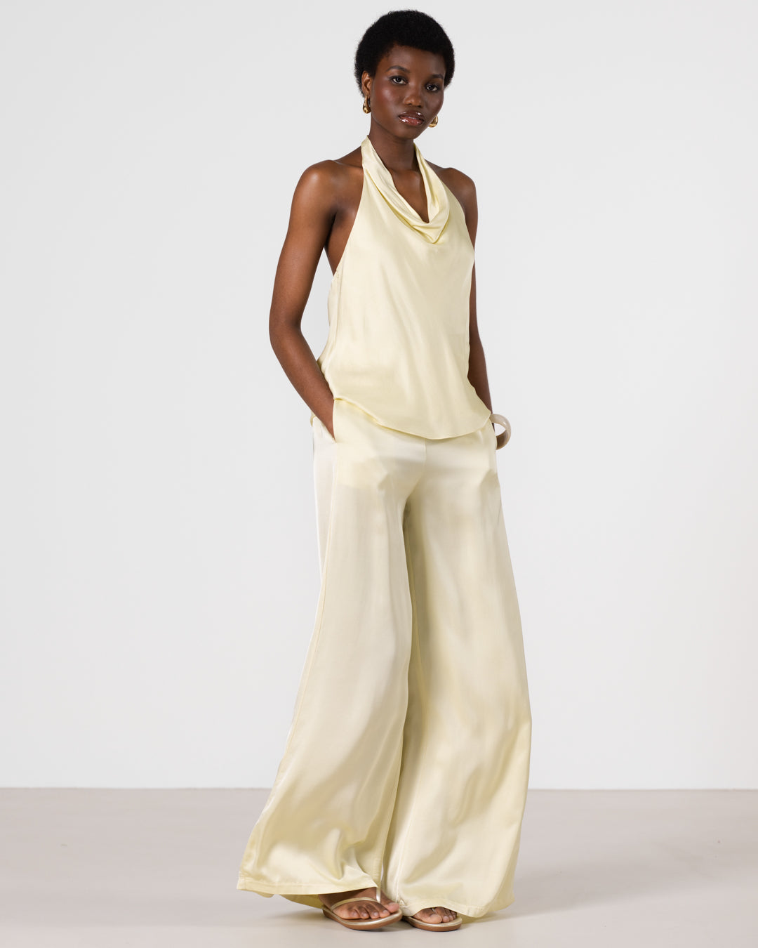 Carmen Backless Halterneck Top | Butter Yellow