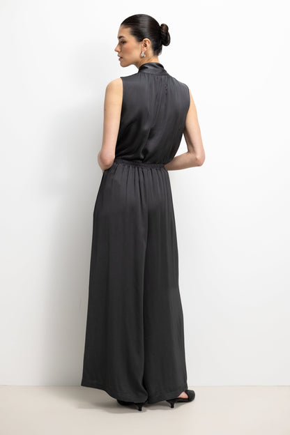Lyanne Bow Neck Tie Satin Blouse | Anthracite