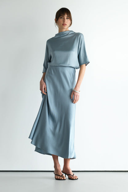 Genevieve Back Tie Satin Top | Dusty Blue