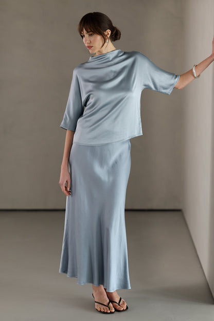Genevieve Back Tie Satin Top | Dusty Blue