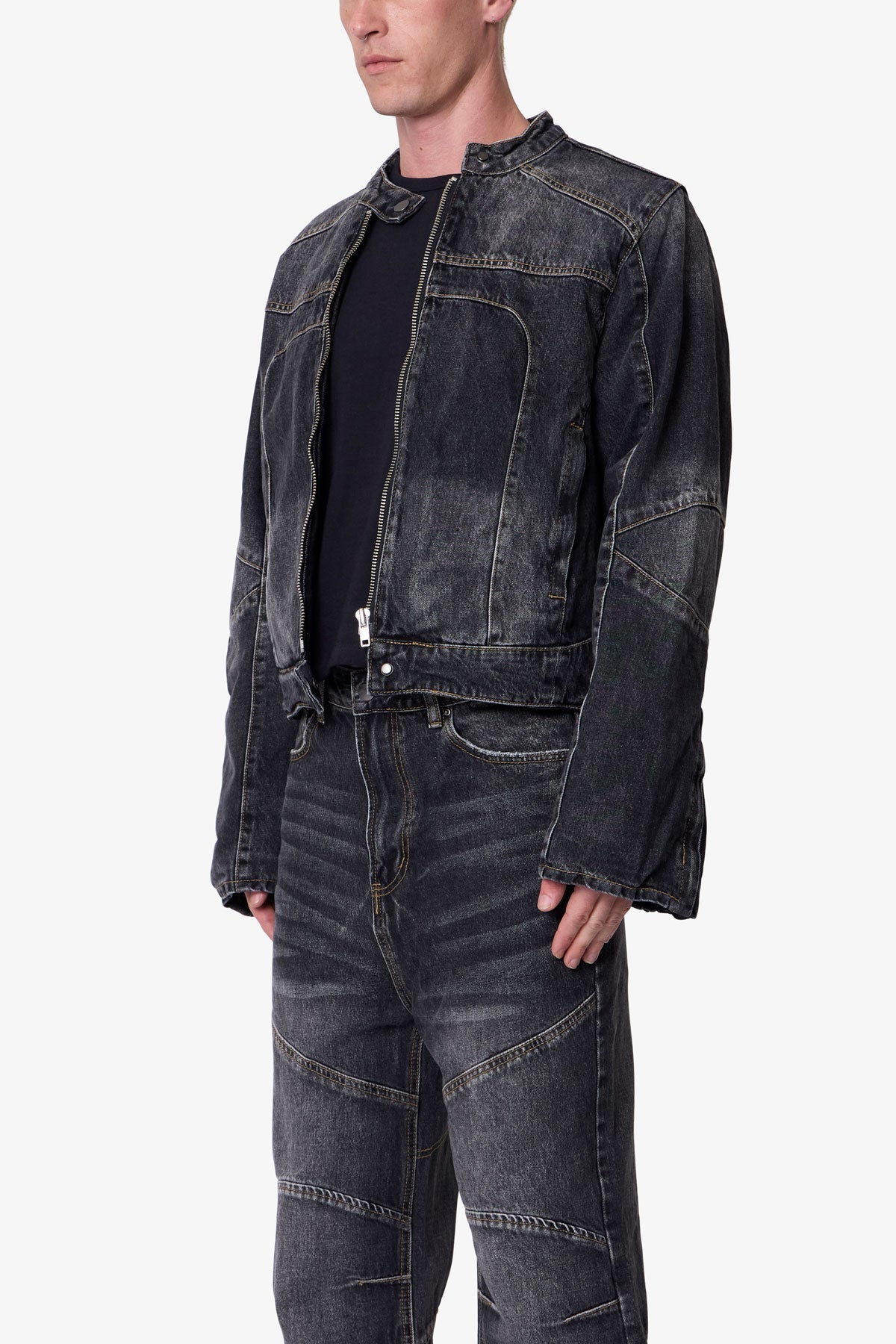 Paneled Moto Denim Jacket - Washed Black