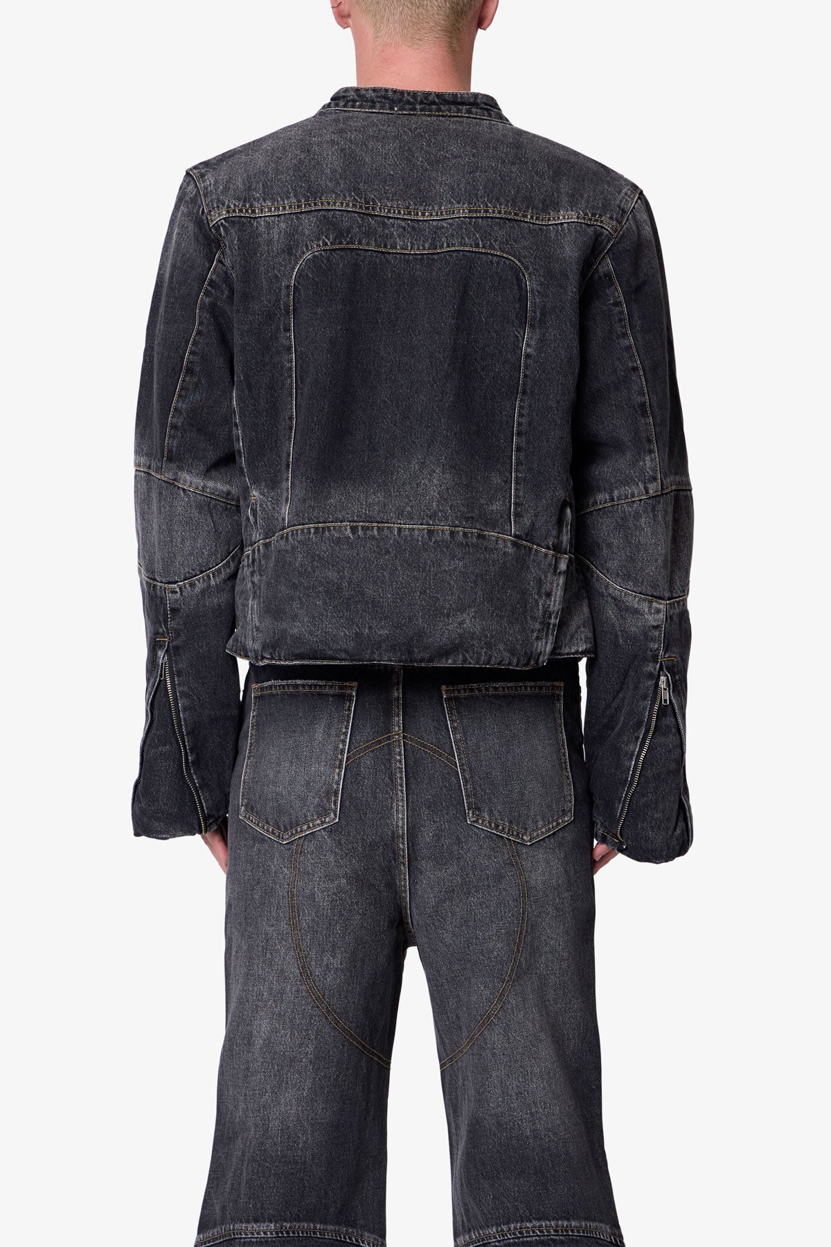 Paneled Moto Denim Jacket - Washed Black