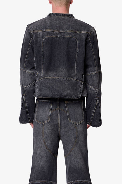 Paneled Moto Denim Jacket - Washed Black