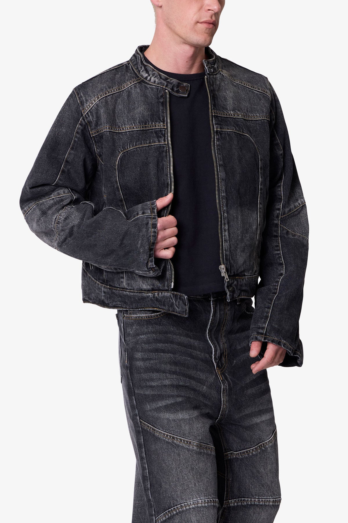 Paneled Moto Denim Jacket - Washed Black