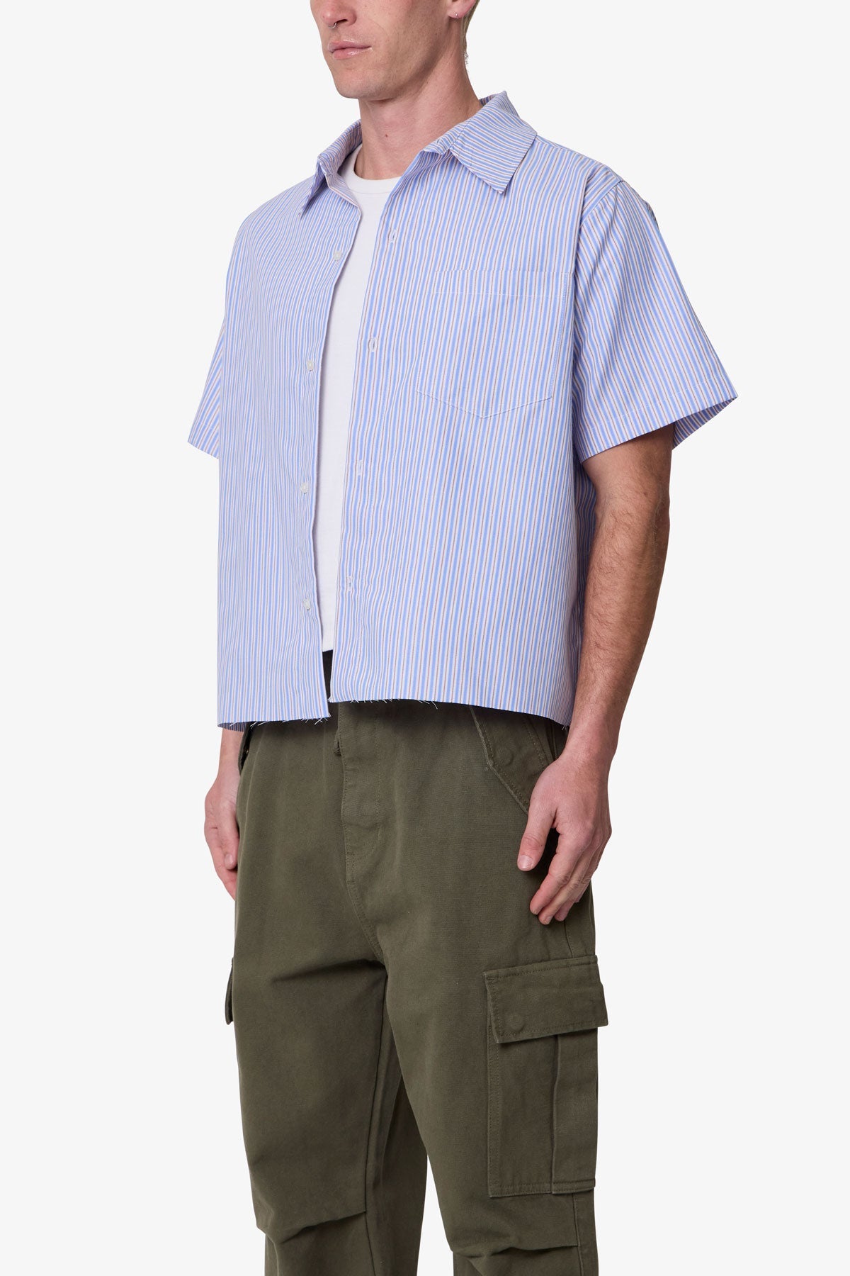 Striped Poplin Cropped S/S Shirt - Blue