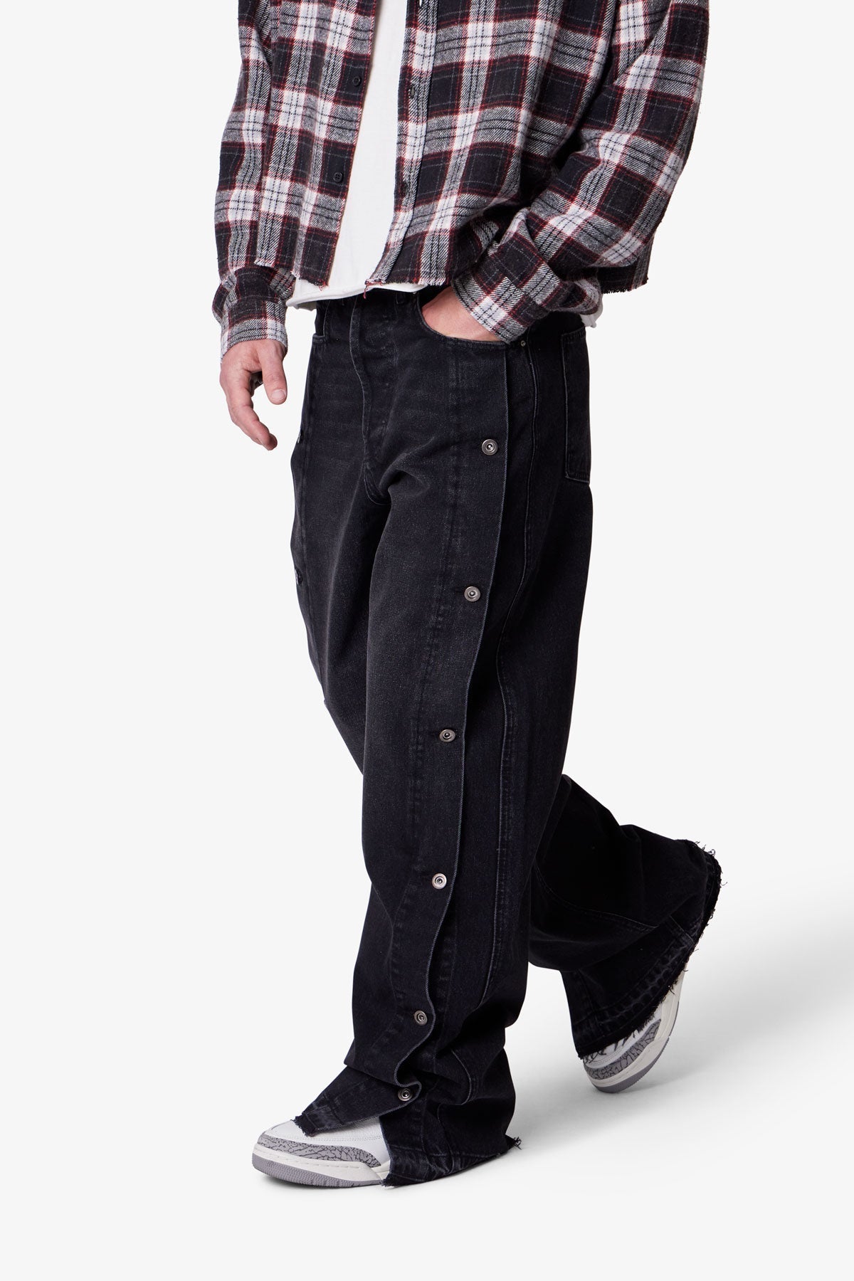 Ultra Baggy Offset Button Denim - Black