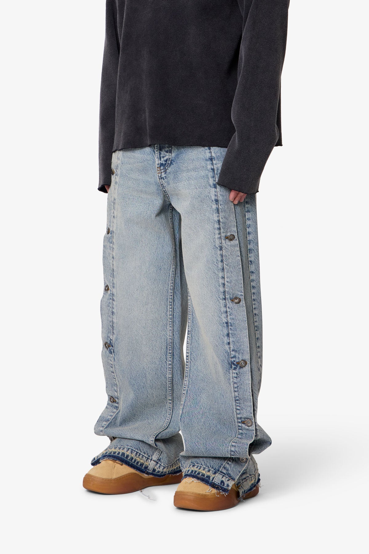 Ultra Baggy Offset Button Denim - Medium Blue