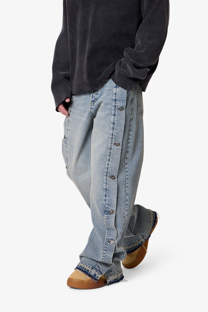 Ultra Baggy Offset Button Denim - Medium Blue