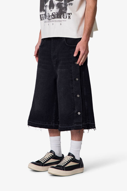 Ultra Baggy Offset Button Denim Shorts - Black