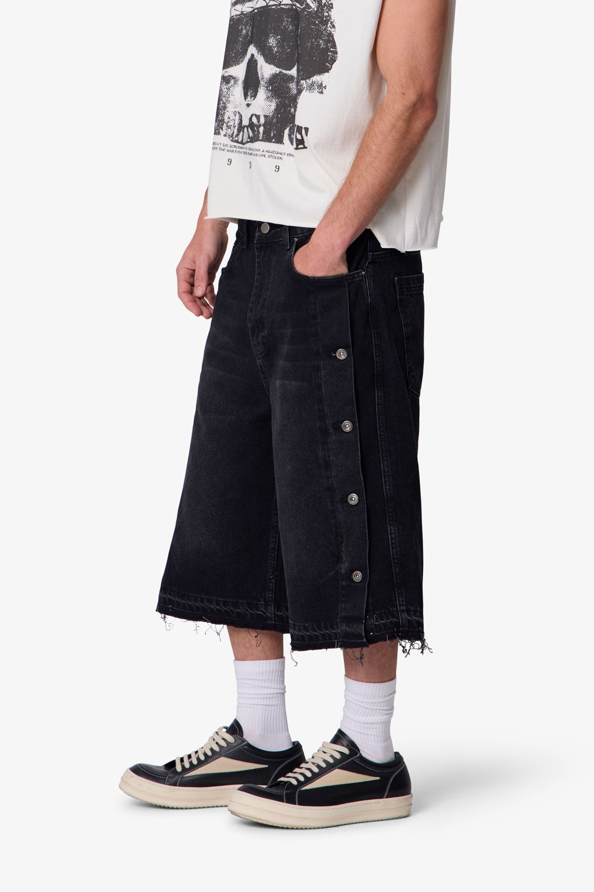 Ultra Baggy Offset Button Denim Shorts - Black