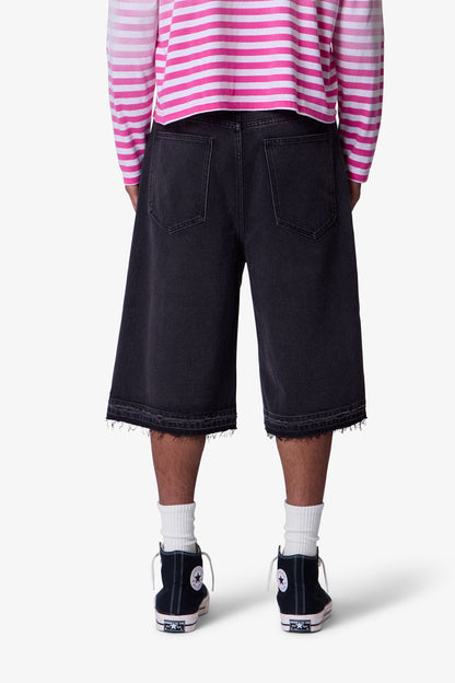 Ultra Baggy Raw Hem Denim Shorts - Washed Black
