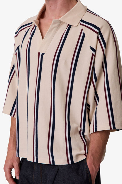 Wide Striped S/S Polo Shirt - Navy/Natural/Red